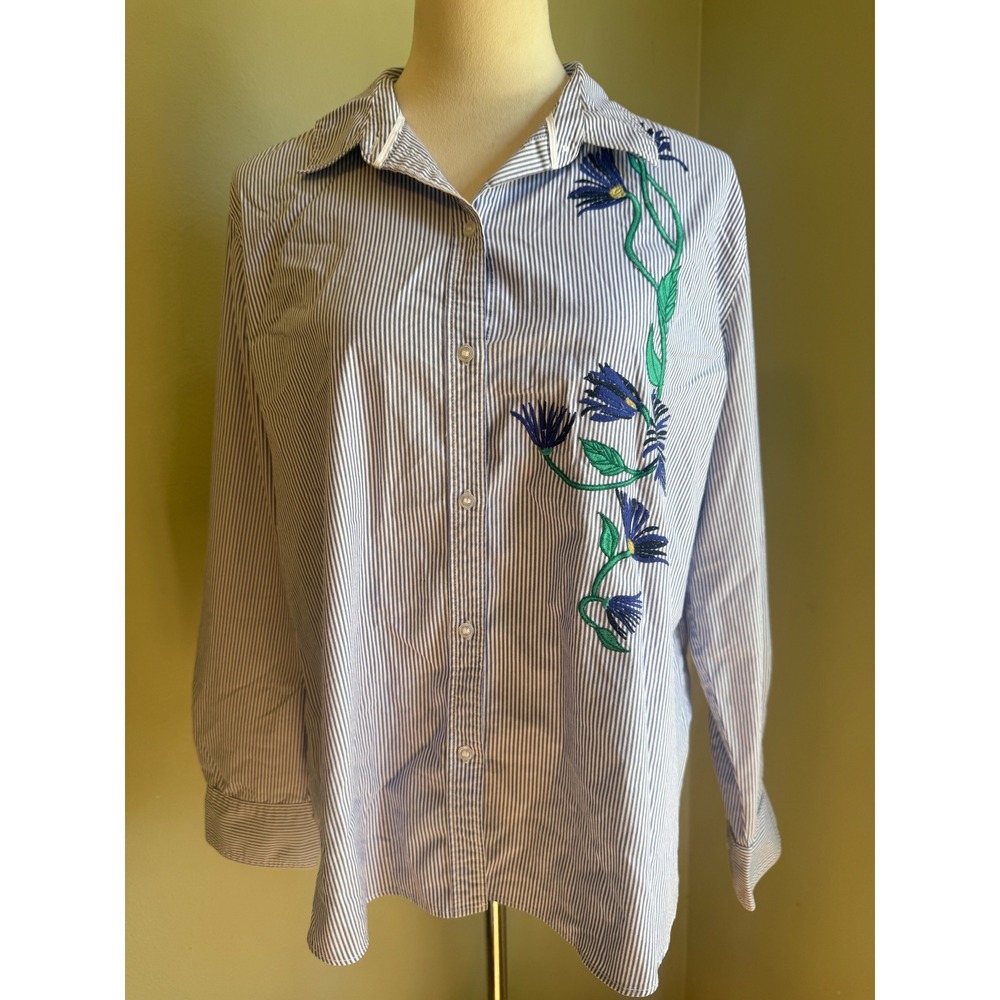 Whismi dainty cottage Blue White Striped Floral Embroidered Button boho Shirt XL